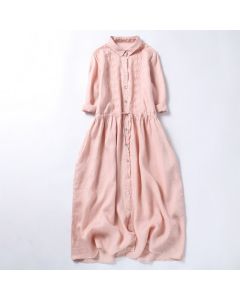 Buddha Stones Fall Embroidery Button Design Cotton Linen Long Sleeve Midi Dress With Pockets - LightPink / US4，UK/AU8，EU36 (L)