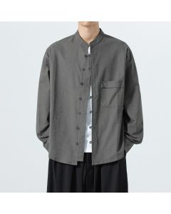 Buddha Stones Fall Minimalist Tang Style Mandarin Collar Patch Pocket Solid Men's Long Sleeve Shirts With Pocket - DimGray / US/UK/AU36，EU46 (L)