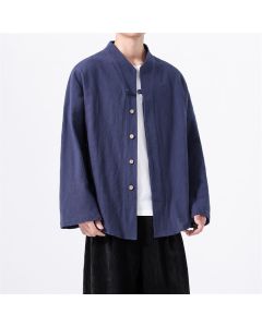 Buddha Stones Fall Minimalist Tang Style Mandarin Collar Solid Cotton Men's Long Sleeve Shirts - Navy / US/UK/AU36，EU46 (L)