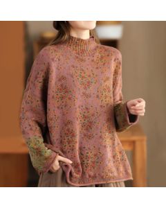 Buddha Stones Fall Printing Floral Long Sleeve Mock Neck Women's Knitted Sweater - SaddleBrown / US4-12，UK/AU8-16，EU36-44 (F)