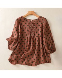 Buddha Stones Fall Round Neck Polka Dots Long Sleeve Women's Polyester Shirt - Tan / US12，UK/AU16，EU44 (2XL)