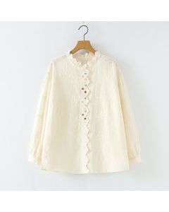 Buddha Stones Fall Ruffled Collar Embroidered Relief Flower Buttons Women's Cotton Long Sleeve Shirt - OldLace / US4，UK/AU8，EU36 (M)
