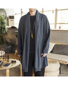 Buddha Stones Fall Simple Casual Loose Plain Linen Blend Men's Mid-length Coat Clothing - SteelBlue / US/UK/AU42，EU52 (3XL)