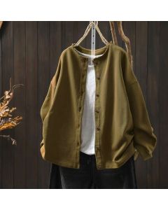 Buddha Stones Fall Solid Button Down Crew Neck Long Sleeve Women's Cotton Shirt - DarkSeaGreen / US4-8/10，UK/AU8-12/14，EU36-40/42 (F)