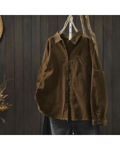 Buddha Stones Fall Solid Button Down Decorative Pocket Stand Collar Long Sleeve Women's Cotton Shirt - SaddleBrown / US4，UK/AU8，EU36 (L)