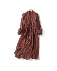 Buddha Stones Fall Solid Color Buttons Down Lace-up Design Long Sleeve Midi Dress With Pockets - SaddleBrown / US4，UK/AU8，EU36 (M)