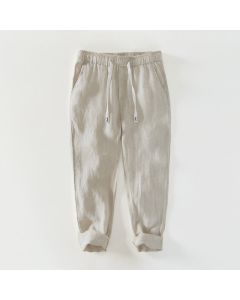 Buddha Stones Fall Solid Drawstring Elastic Waist Men's Linen Ankle-Length Pants With Pockets - White / US/UK/AU44，EU54 (4XL)