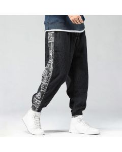Buddha Stones Fall Solid Drawstring Side Paisley Pattern Straight Leg Ankle-length Corduroy Men's Pants With Pockets - Black / US/UK/AU44，EU54 (4XL)