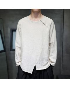 Buddha Stones Fall Solid Round Neck Long Sleeve T-Shirt Cotton Men Clothing - Linen / US/UK/AU34，EU44 (M)
