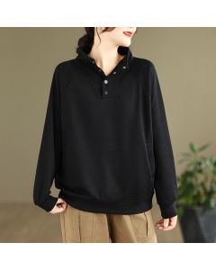 Buddha Stones Fall Solid Stand Collar Buttons Design Long Sleeve Women's Cotton Sweatshirt - DarkRed / US8-10，UK/AU12-14，EU40-42 (2XL)