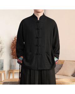 Buddha Stones Fall Tang Style Casual Frog Button Solid Cotton Linen Men's Long Sleeve Shirts With Pocket - Black / US/UK/AU36，EU46 (L)