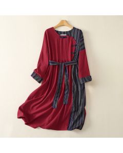 Buddha Stones Fall Tang Style Casual Knot Button Red Colorful Striped Women's Long Sleeve Dress With Pockets - Firebrick / US4, UK/AU8, EU36 (M)