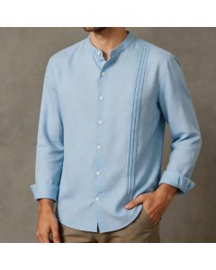 Buddha Stones Fall Tang Style Casual Mandarin Collar Button-Up Solid Men's Long Sleeve Shirts - PowderBlue / US/UK/AU36, EU46 (L)
