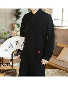 Buddha Stones Fall Tang Style Minimalist Mandarin Collar Solid Men's Long Sleeve Shirts - Black / US/UK/AU36, EU46 (M)