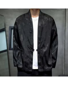 Buddha Stones Fall Tang Style Vintage Drawstring Dragon Jacquard Men's Kimono With Pocket - Black / US/UK/AU38, EU48 (XL)