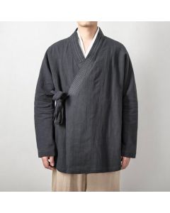 Buddha Stones Fall Tang Style Vintage Drawstring Solid Ramie Men's Kimonos - Navy / US/UK/AU36,EU46 (L)