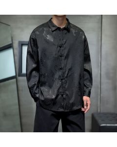 Buddha Stones Fall Tang Style Vintage Frog Button Dragon Jacquard Men's Long Sleeve Shirts - Black / US/UK/AU36, EU46 (L)