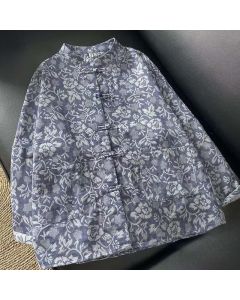 Buddha Stones Fall Tang Style Vintage Frog Button Floral Women's Long Sleeve Shirts With Pockets - SteelBlue / US4, UK/AU8, EU36 (L)