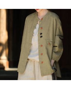Buddha Stones Fall Tang Style Vintage Frog Button Solid Ramie Women's Long Sleeve Shirts - DarkKhaki / US4-8/10，UK/AU8-12/14，EU36-40/42 (F)