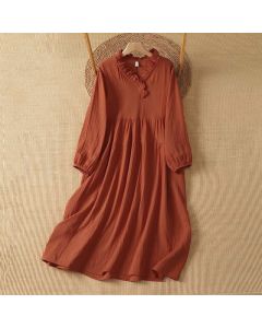Buddha Stones Fall Vintage Boho Solid V-Neck Women's Long Sleeve Dress With Pocket - Coral / US6, UK/AU10, EU38 (M)