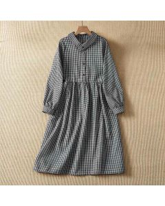 Buddha Stones Fall Vintage Button-Up Black and White Gingham Women's Long Sleeve Dress With Pockets - Gray / US4, UK/AU8, EU36 (M)