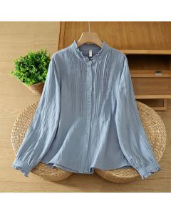 Buddha Stones Fall Vintage Elegant Button-Up Pleats Solid Cotton Women's Long Sleeve Shirts - LightSteelBlue / US4, UK/AU8, EU36 (M)