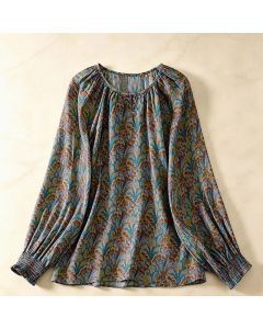 Buddha Stones Fall Vintage Floral Women's Long Sleeve Shirts - Teal / US4, UK/AU8, EU36 (L)