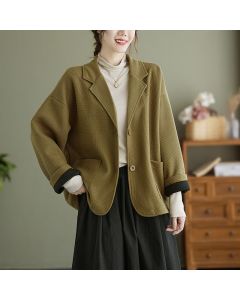 Buddha Stones Fall Vintage Simple Button-Up Solid Women's Jacket With Pockets - DarkKhaki / US6, UK/AU10, EU38 (L)