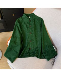 Buddha Stones Fall Vintage Tang Style Frog Button Floral Leaves Cotton Cropped Women's Long Sleeve Shirts - ForestGreen / US6, UK/AU10, EU38 (L)