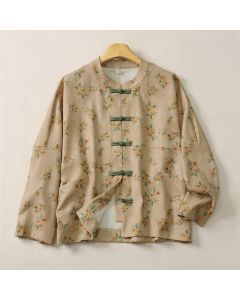 Buddha Stones Fall Vintage Tang Style Frog Button Floral Women's Jacket With Pockets - Tan / US6, UK/AU10, EU38 (M)