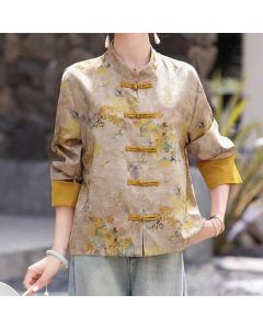 Buddha Stones Fall Vintage Tang Style Frog Button Golden Floral Women's Jacket - Goldenrod / US4，UK/AU8，EU36 (L)