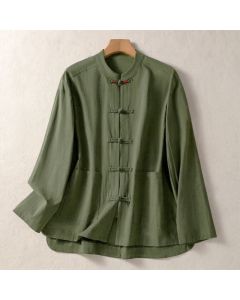 Buddha Stones Fall Vintage Tang Style Frog Button Mandarin Collar Solid Women's Long Sleeve Shirts With Pockets - DarkOliveGreen / US4, UK/AU8, EU36 (L)