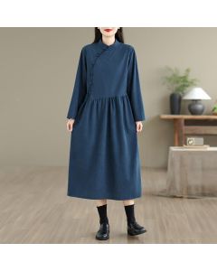 Buddha Stones Fall Vintage Tang Style Frog Button Solid Women's Long Sleeve Dress With Pocket - Navy / US6, UK/AU10, EU38 (XL)
