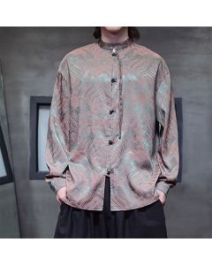 Buddha Stones Fall Vintage Tang Style Mandarin Collar Abstract Waves Men's Long Sleeve Shirts - Thistle / US/UK/AU36，EU46 (L)