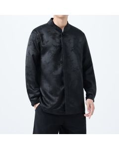 Buddha Stones Fall Vintage Tang Style Mandarin Collar Floral Men's Long Sleeve Shirts - Black / US/UK/AU36，EU46 (L)