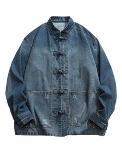 Buddha Stones Fall Vintage Tang Style Mandarin Collar Washed Solid Men's Jackets With Pocket - SteelBlue / US/UK/AU36，EU46 (L)