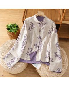 Buddha Stones Fall Vintage Tang Style Reversible Design Embroidery Frog Button Floral Women's Long Sleeve Shirts With Pockets - Lavender / US4，UK/AU8，EU36 (L)