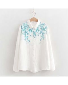 Buddha Stones Fall White Green Grass Buttons Women's Cotton Long Sleeve Shirt - White / US4，UK/AU8，EU36 (M)