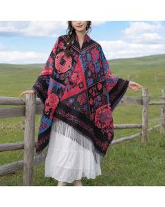 Buddha Stones Fall Winter Boho Floral Patchwork Tassel Women's Shawl - DarkRed / 140x160cm