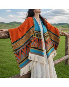 Buddha Stones Fall Winter Boho Geometric Floral Pattern Tassel Shawl - Geometric Orange / 155*136cm