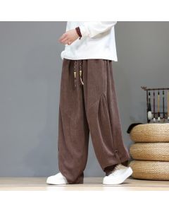 Buddha Stones Fall Winter Casual Boho Drawstring Solid Long Pants Corduroy Men's Harem Pants With Pockets - SaddleBrown / US/UK/AU36，EU46 (L)