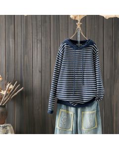 Buddha Stones Fall Winter Casual Classic Drawstring Striped Cotton Women's Hoodie - Navy / US4-6, UK/AU8-10, EU36-38 (F)