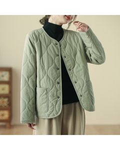 Buddha Stones Fall Winter Casual Minimalist Button-Up Geometric Curved Lines Women's Jacket With Pockets - DarkSeaGreen / US4, UK/AU8, EU36 (L)