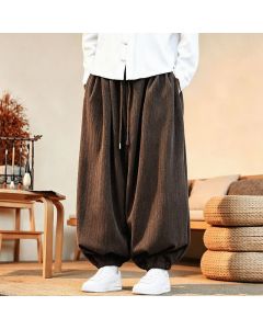 Buddha Stones Fall Winter Casual Minimalist Drawstring Solid Ankle Pants Corduroy Men's Harem Pants With Pockets - SaddleBrown / US/UK/AU36, EU46 (L)