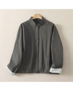 Buddha Stones Fall Winter Casual Minimalist Mandarin Collar Solid Cropped Women's Jacket With Pockets - DimGray / US8-10, UK/AU12-14, EU40-42 (L)