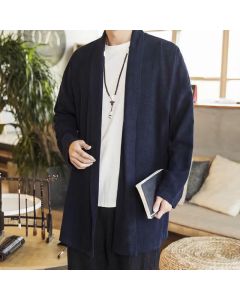 Buddha Stones Fall Winter Casual Minimalist Solid Knit Long Sleeve Men's Kimonos - MidnightBlue / US/UK/AU36,EU46 (L)