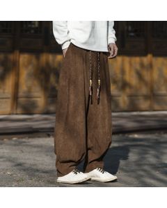 Buddha Stones Fall Winter Casual Retro Drawstring Solid Corduroy Ankle Pants Men's Wide Leg Pants With Pocket - SaddleBrown / US/UK/AU44, EU54 (4XL)