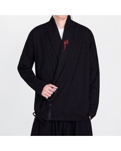 Buddha Stones Fall Winter Casual Tang Style Embroidery Solid Men's Kimonos - Black / US/UK/AU36，EU46 (L)