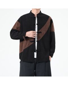 Buddha Stones Fall Winter Casual Tang Style Frog Button Corduroy Geometric Men's Jacket - SaddleBrown / US/UK/AU36，EU46 (L)