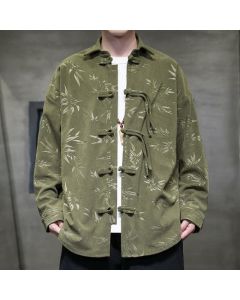Buddha Stones Fall Winter Casual Tang Style Frog Button Floral Corduroy Men's Long Sleeve Shirts - DarkOliveGreen / US/UK/AU36，EU46 (L)